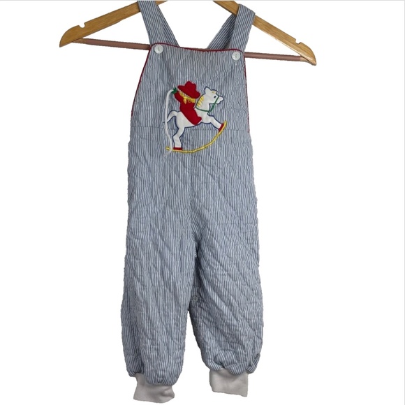 VTG 90s Rocking Horse Bubble Romper 24M Tiny Tots Quilt Stripe Cowboy Retro Blue - Picture 8 of 8